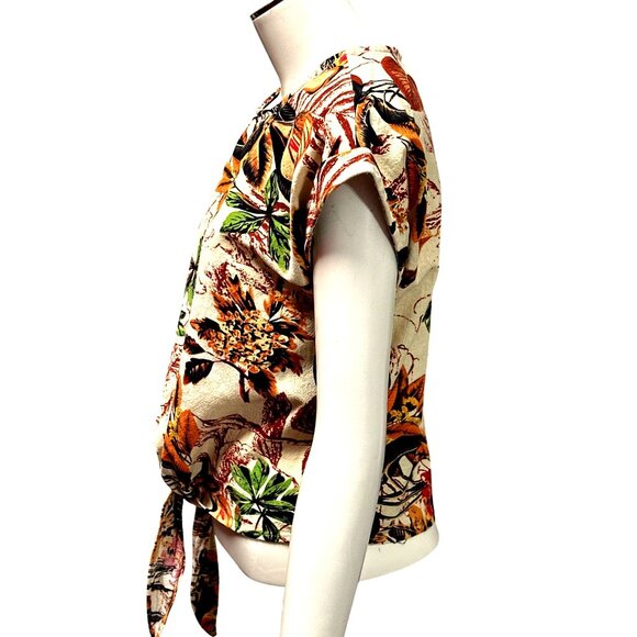CCC Vintage Inspired Cotton Floral Tie Front Crop Top Leafy Print Keyhole Back - Picture 2 of 7